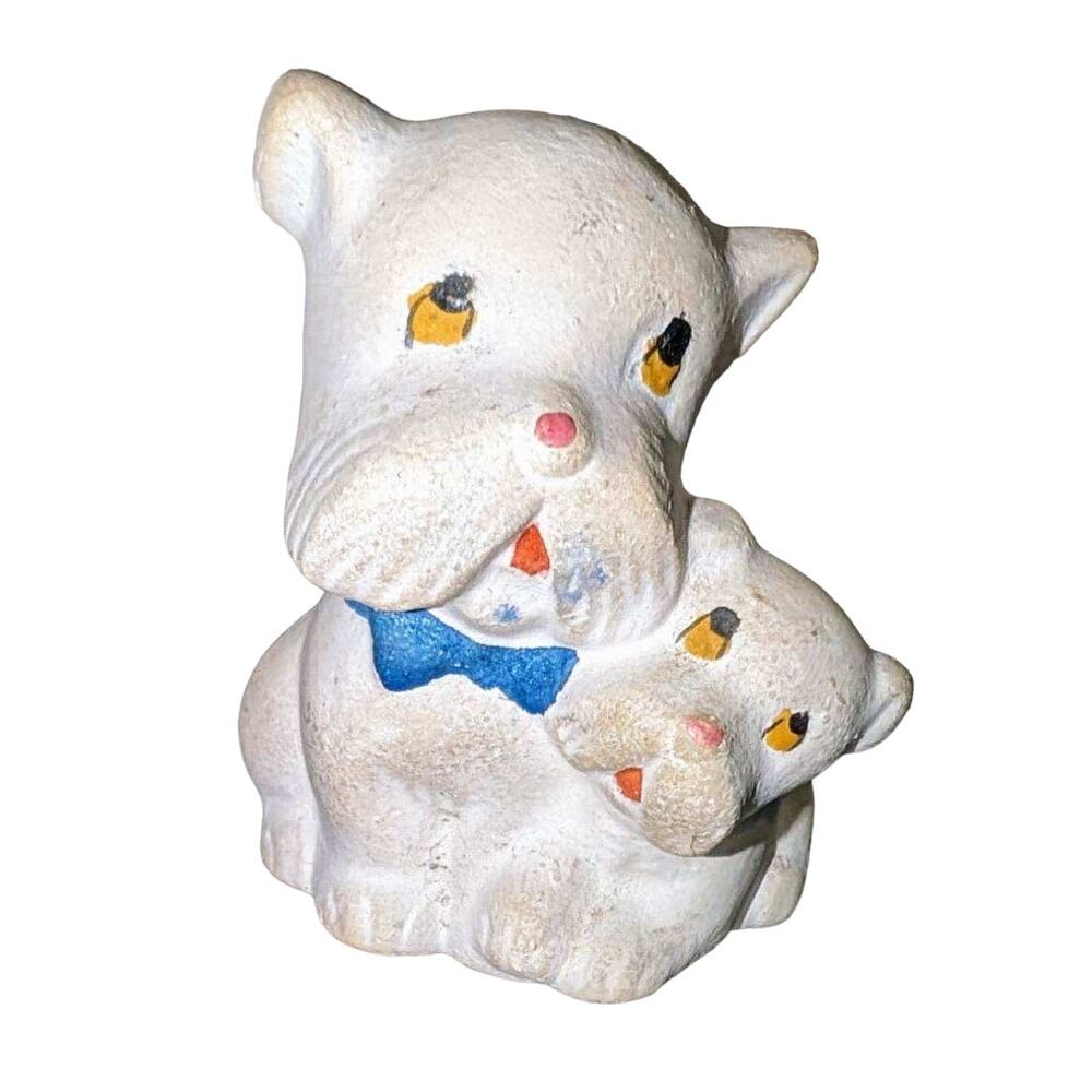 Vintage 1950 Ceramic White Dog and Puppy with Blue Bowtie Figurine 2.5 in Tall